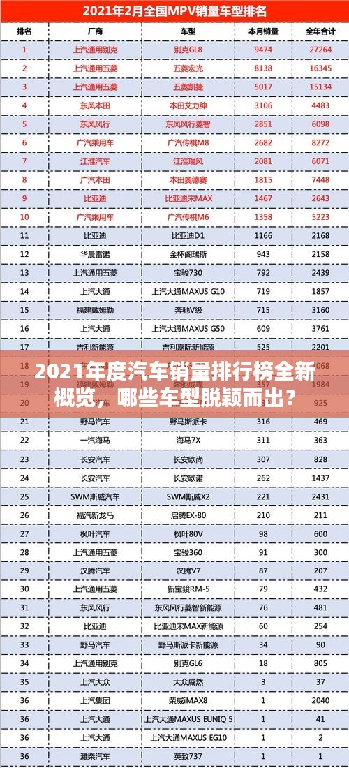 2021年度汽车销量排行榜全新概览，哪些车型脱颖而出？